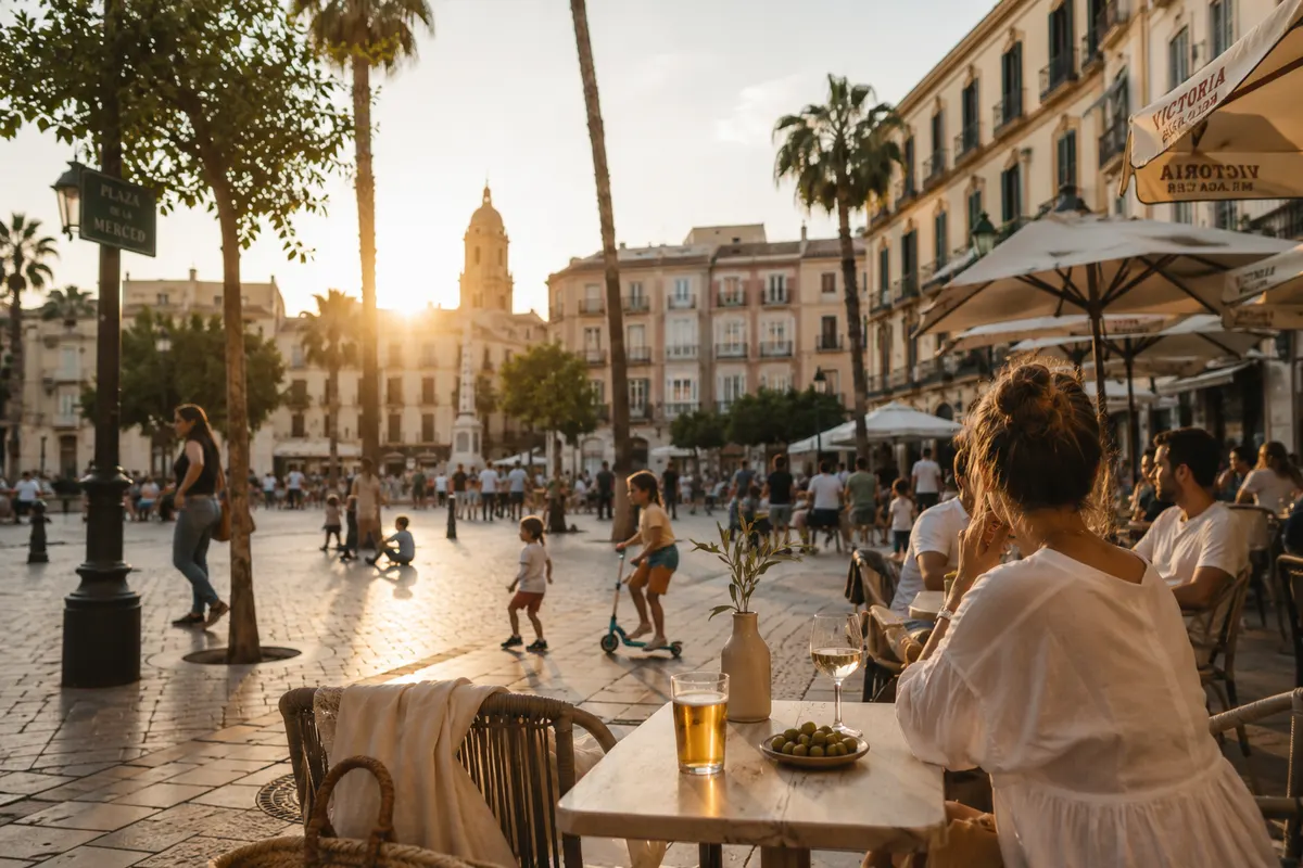 Una mujer disfrutando de la hora dorada en una plaza de Málaga con la catedral al fondo