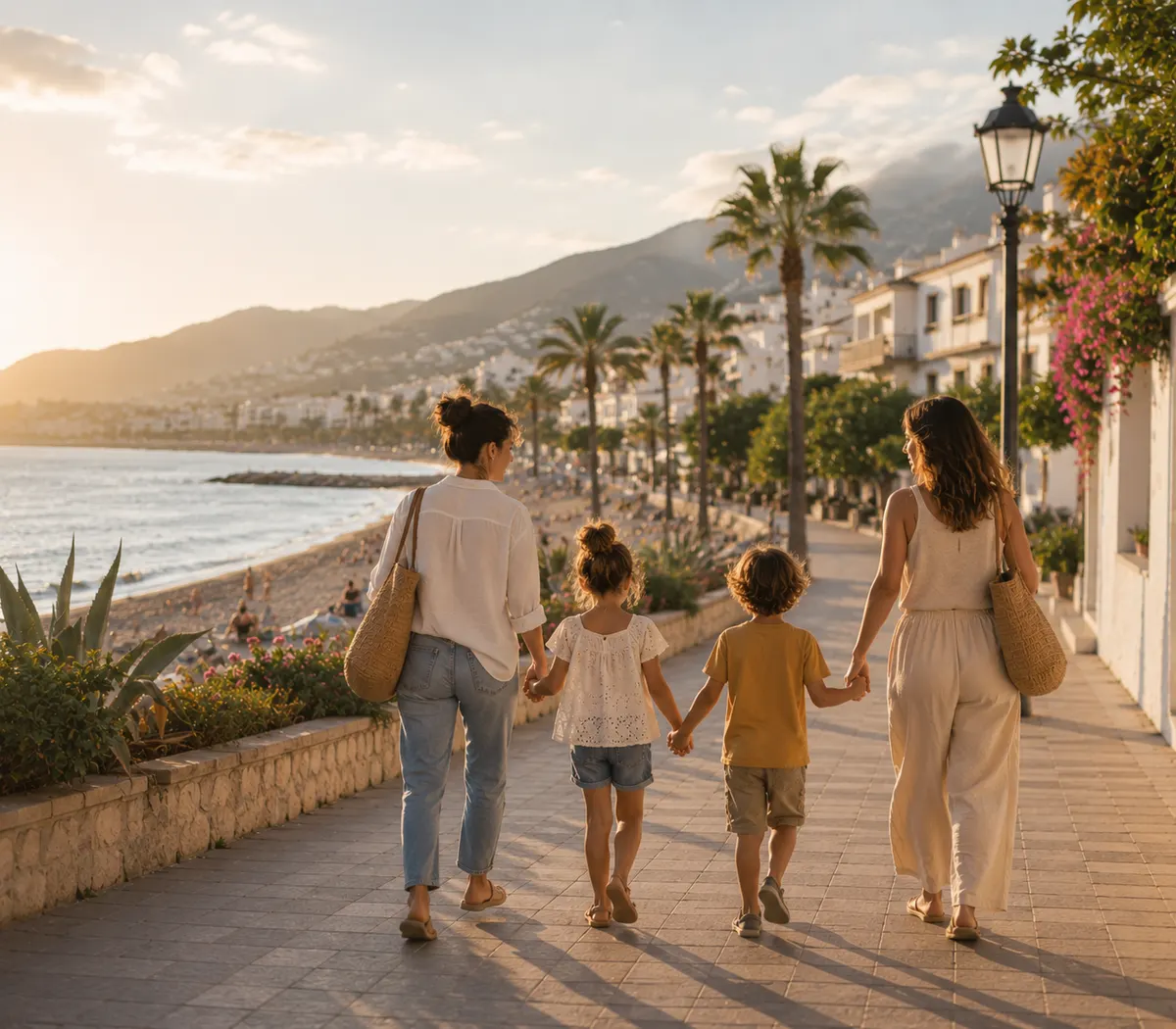 Two mothers walking with two children along a sunny Costa del Sol promenade with the sea and mountains behind them