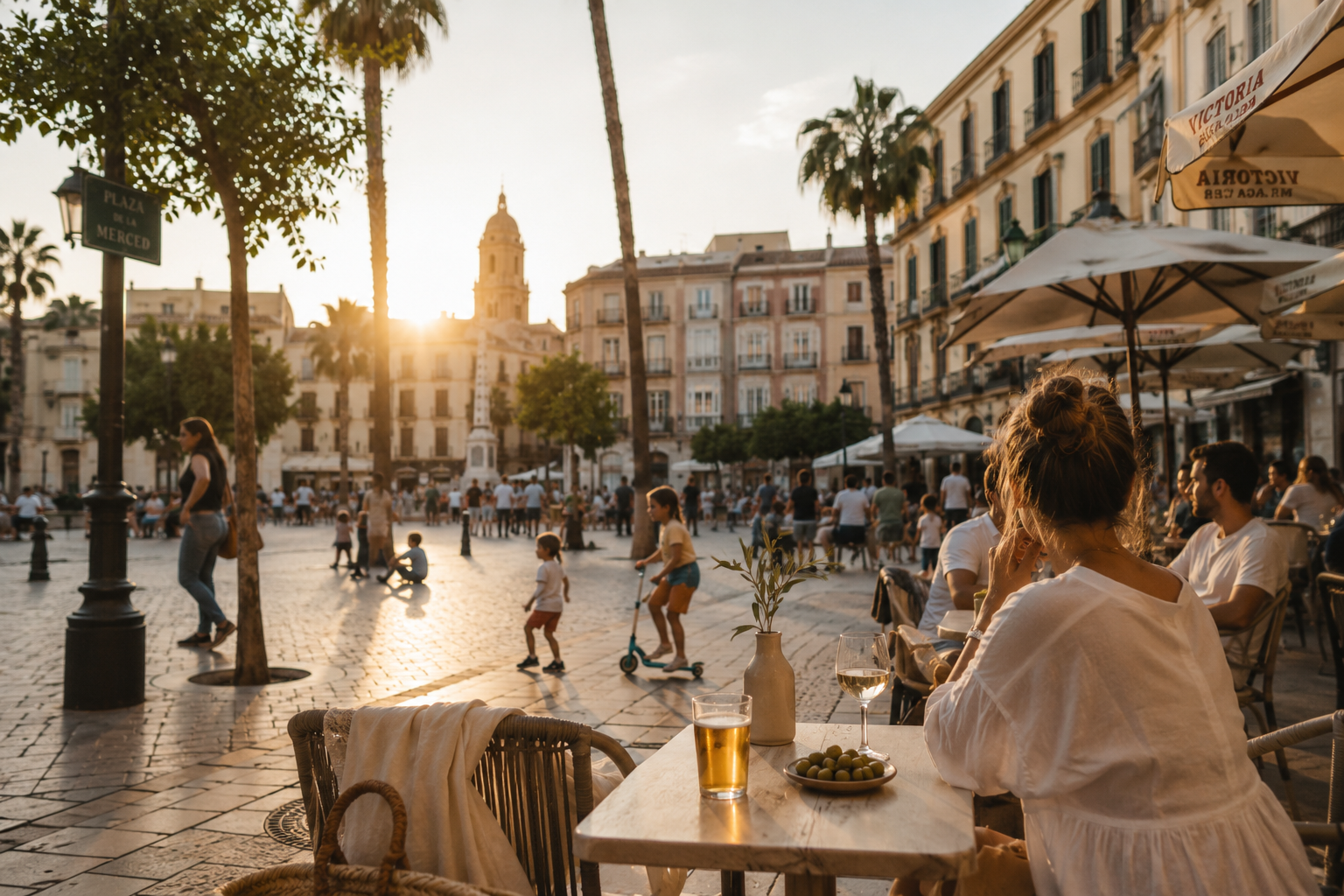 A woman enjoying golden hour at a bustling plaza in Málaga with the cathedral in the distance