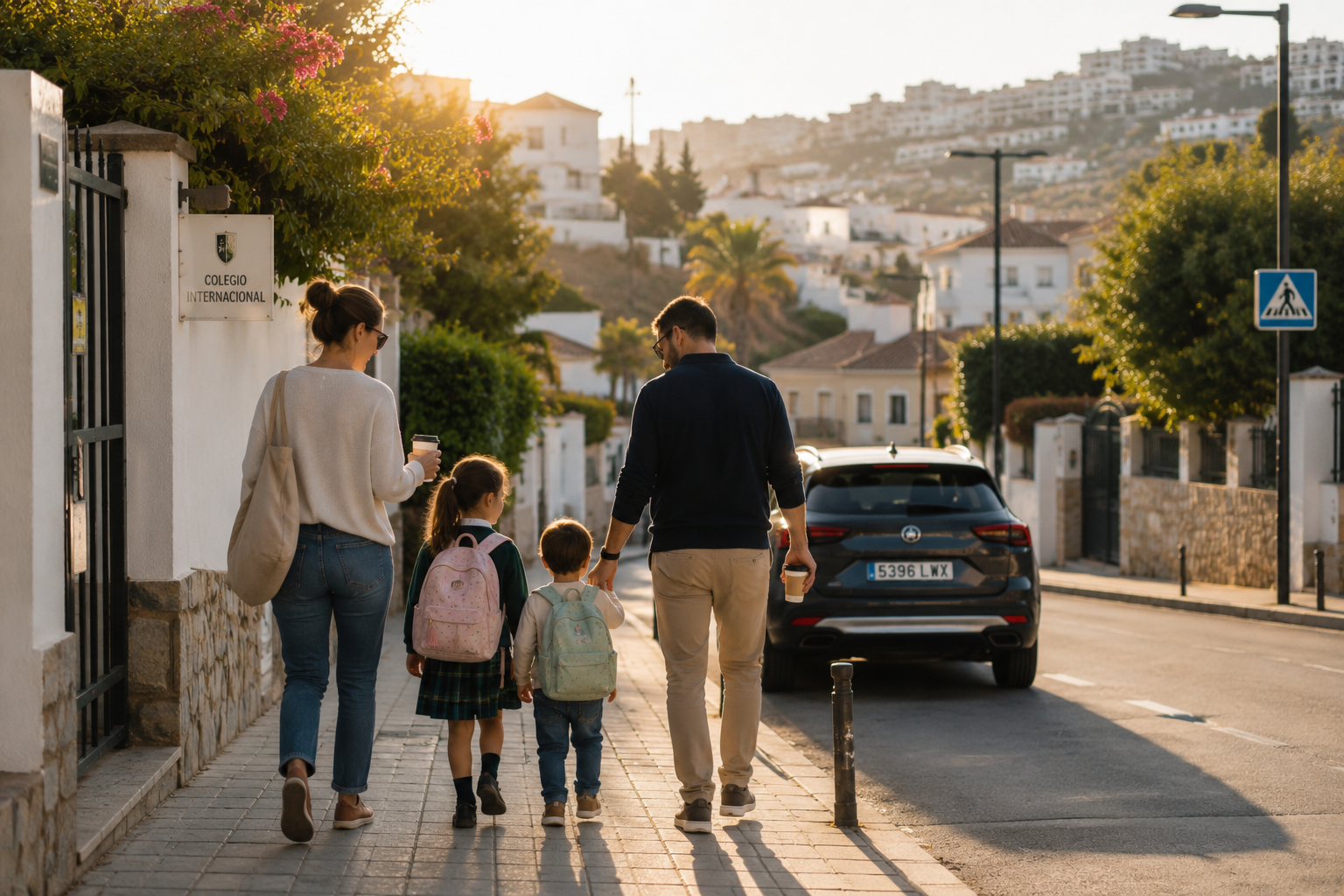 A family walking toward an international school on a sunny Costa del Sol street with a car parked nearby