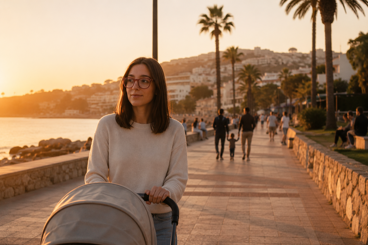 A mother with a stroller walking along a sunlit Costa del Sol promenade at golden hour