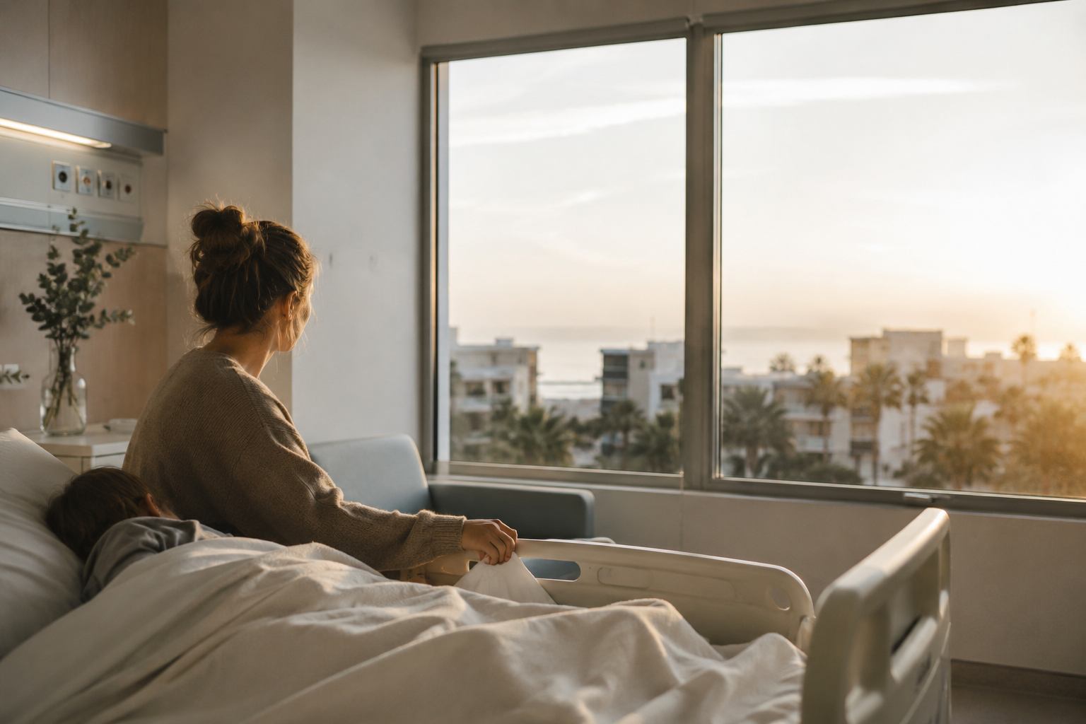 A mother sitting beside her child in a hospital room at sunset, looking out toward the Mediterranean coast