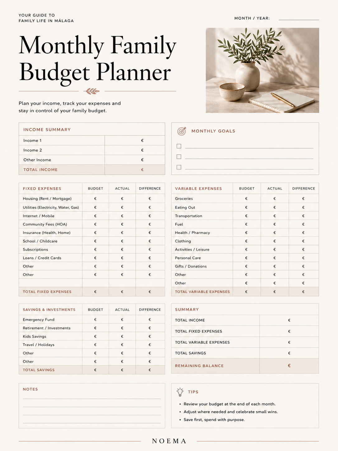 Monthly Family Budget Planner — recurso imprimible gratuito para familias que viven en Málaga, España