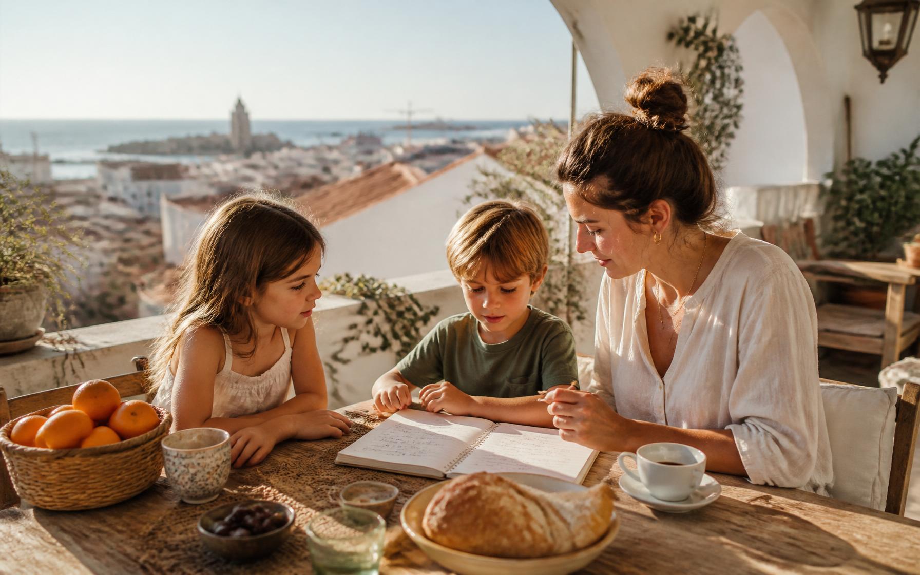A young international family having breakfast on a bright Mediterranean terrace in Málaga with a budget notebook, coffee, bread and oranges