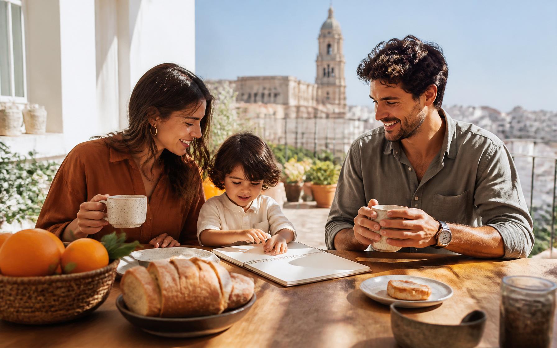A young international family having breakfast on a Mediterranean terrace in Málaga