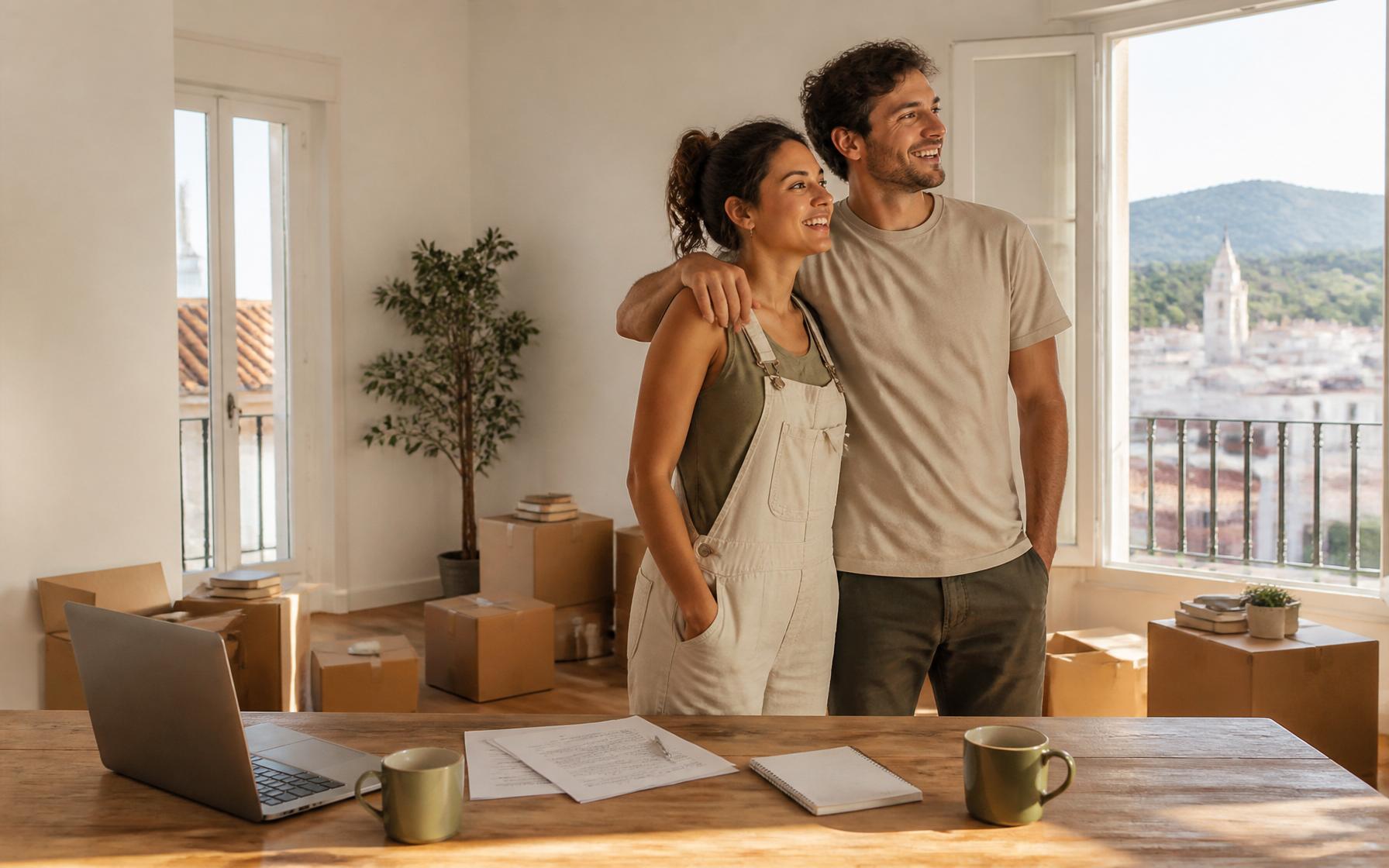 A young international couple standing in an empty Mediterranean apartment in Málaga surrounded by moving boxes