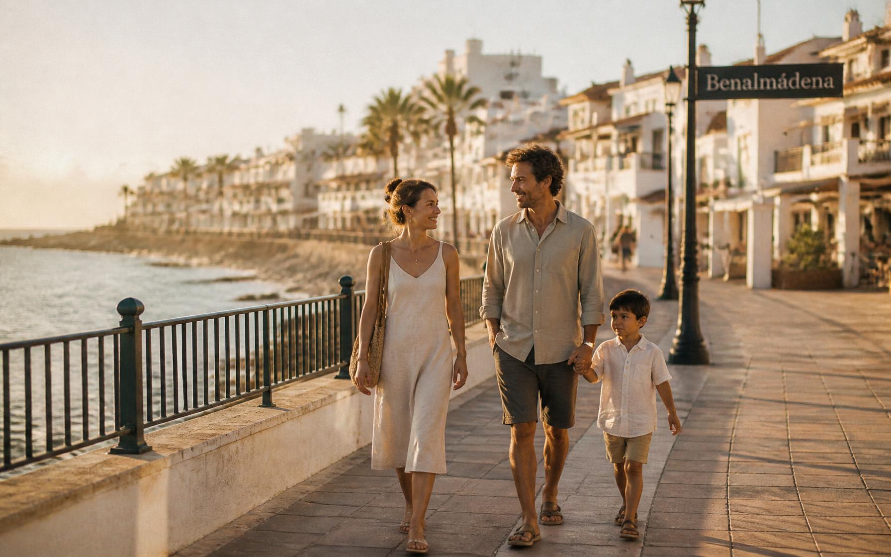 A family walking along the seafront promenade in Benalmádena at golden hour