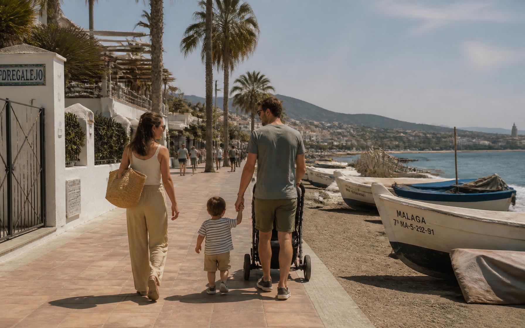 A family with a young child and a stroller walking along the Pedregalejo seafront promenade in Málaga beside traditional fishing boats