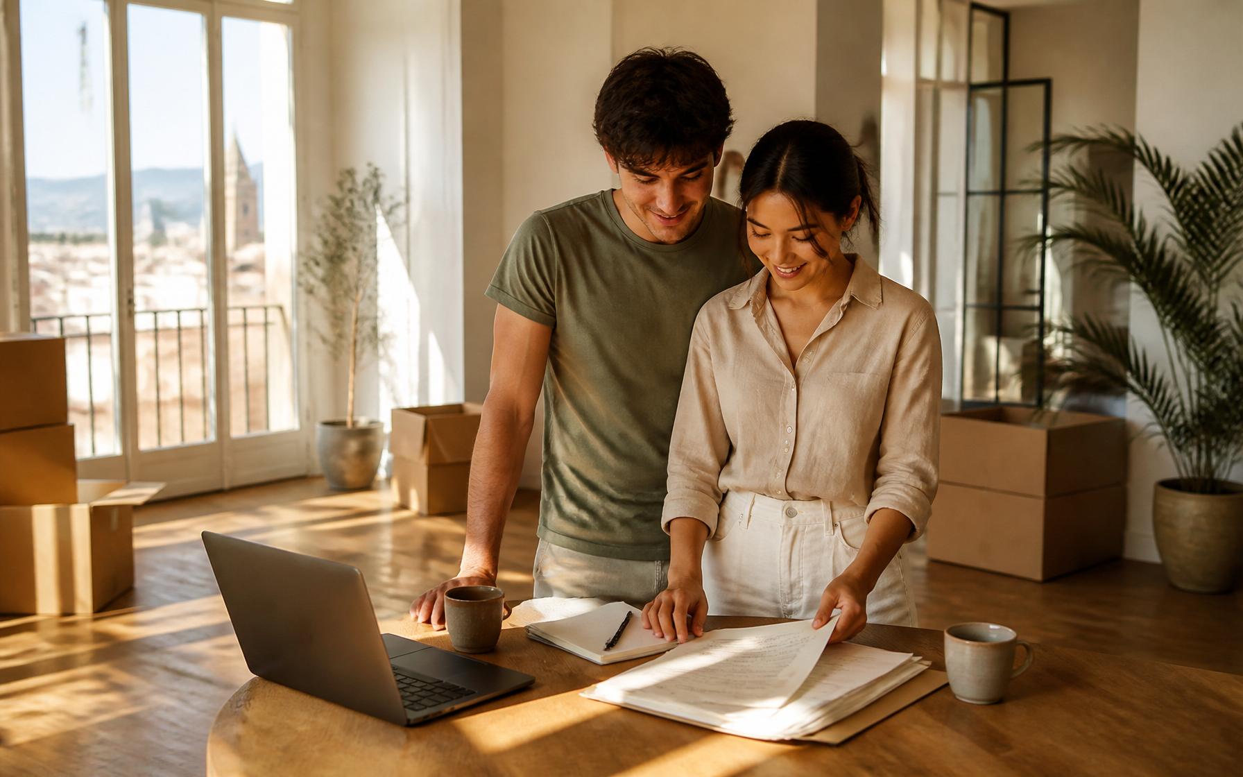 A young international couple reviewing rental documents in a sunlit Mediterranean apartment in Málaga surrounded by moving boxes